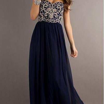  A line Navy Blue Sweetheart Chiffon Floor Length Long Prom Dress, Long Evening Dresses, Formal Dresses ,Bridesmaid dress