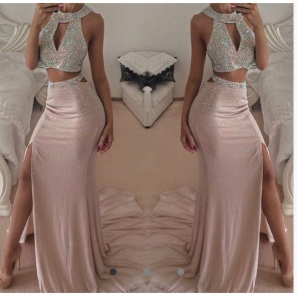 two piece rose gold prom dress