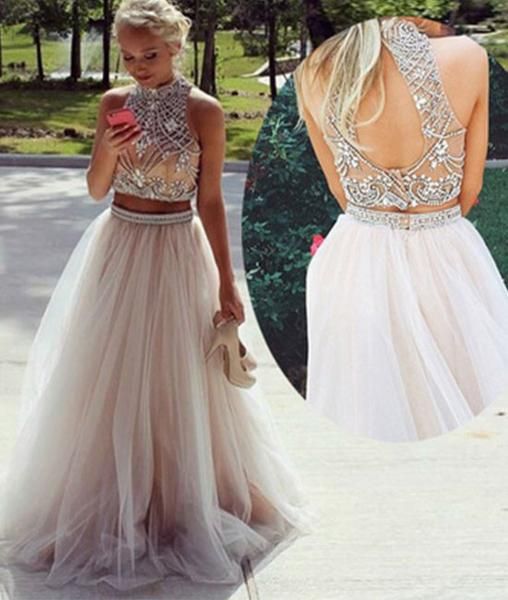 Two Piece Prom Dress,high Neck Long Rhinestone Grey Tulle Prom Dress With Beading 2017 Quinceanera Dresses,