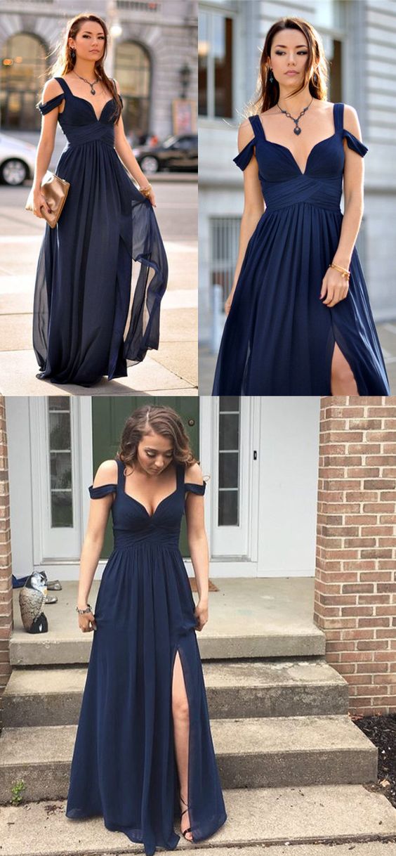 Custom Made Navy Blue Bridesmaid Gown,chiffon Prom Dress,straps Prom Gown,simple Bridesmaid Dress, Evening Dresses,dark Navy Bridesmaid