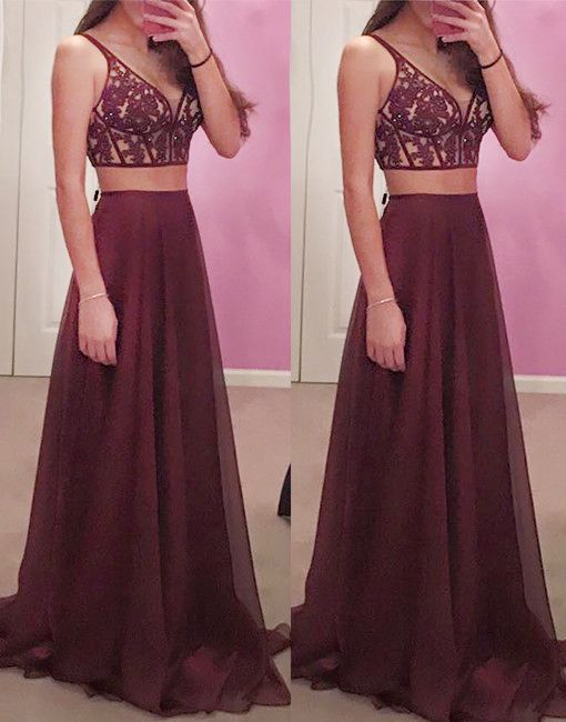 Gorgeous Wine Red 2 Pieces Prom Dresses Long Sexy Evening Gowns Chiffon Two Piece Burgundy Formal Dress For Teens