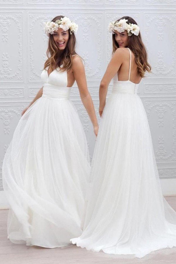 Custom Made Simple V-neck Floor-length Wedding Dress With Ruched Sash, Summer Wedding Dress, White Wedding Formal Dress, Beach Wedding Dress,